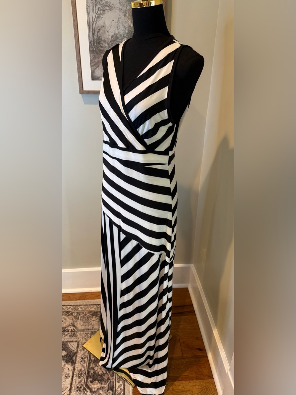 Go Couture XL Black White Striped Maxi Dress Surplice Sleeveless Stretch Jersey